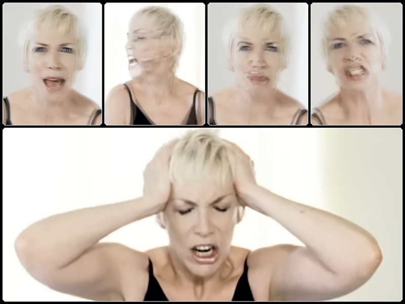 5 captures d’écran du clip Dark Road d’Annie Lennox où ses pensées l’agressent. Elle finit par se boucher les oreilles