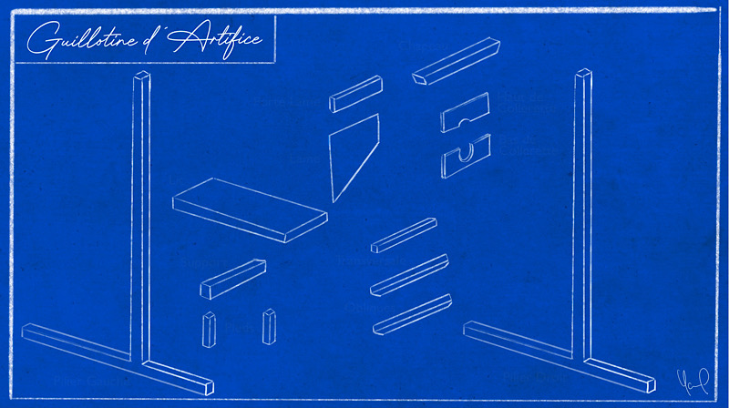 Dessin d'un plan de montage d'une Guillotine. Le titre dit &amp;quot;Guillotine d'Artifice&quot;