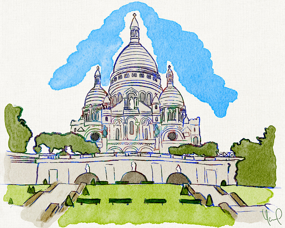 Dessin de la butte du Sacré Cœur façon aquarelle