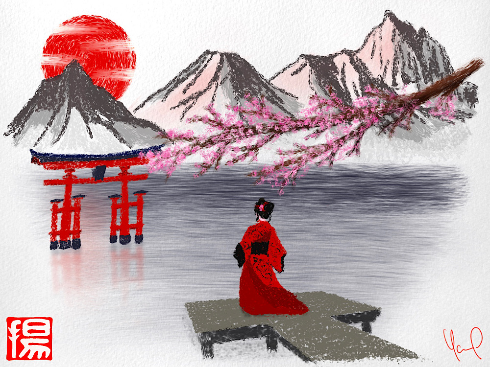 Dessin d’un lac avec au loin des montagnes, un tori dans l’eau, une femme en kimono sur un ponton et une branche de sakura en fleurs