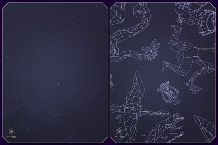 Photo du ciel de nuit, d’un coté seul, de l’autre avec les noms et illustrations des constellations