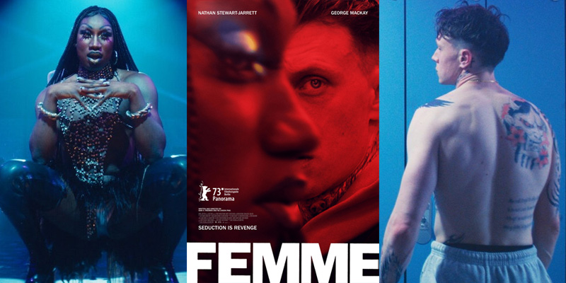 Affiche du film FEMME encadrée par deux visuels des deux personnages principaux, l'un habillé en drag queen, l'autre torse nu de dos dans un vestiaire