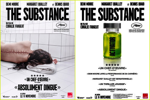 Les deux affiches du films. L'une avec une femme allongée dans la salle de bain, des points de suture sur le dos. L'autre étant un gros plan sur une fiole