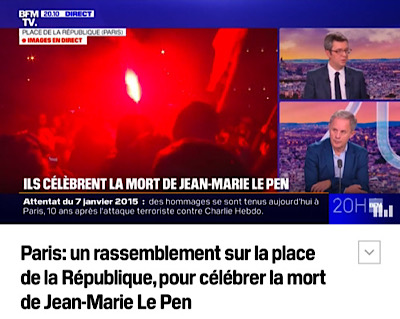 Capture de BFMTV où on peut voir deux journalistes et une vidéo de célébration sur une place publique