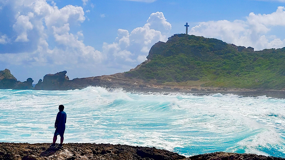 Moi face à la Pointe des Châteaux admiratif des vagues