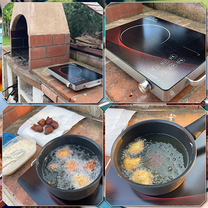 2 photos de la plaque installée à côté du barbecue et 2 photos de la cuisson