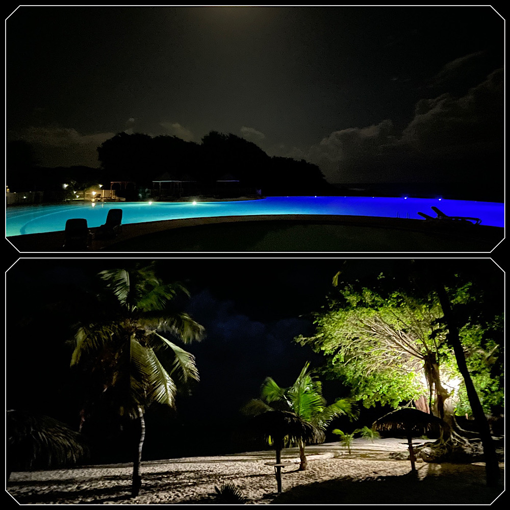 Duo de photos de nuit. La plage avec les cocotiers et la piscine