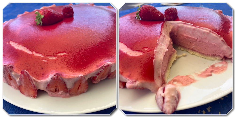 Deux photos d’un bavarois framboise fraise avec une mousse de fraise qui s’effondre sur celle de bavarois