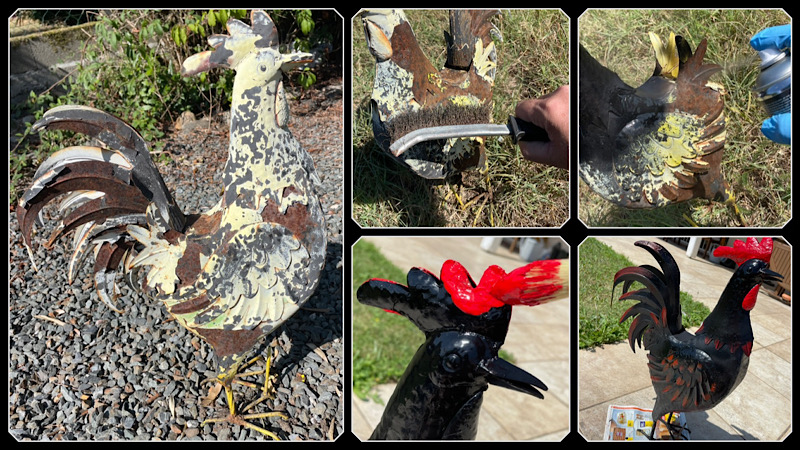 Les étapes de rénovation du coq. Brossage et peinture.