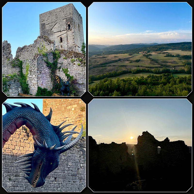 4 photos du fort, de la vallée, d’une tête de dragon et d’un coucher de soleil