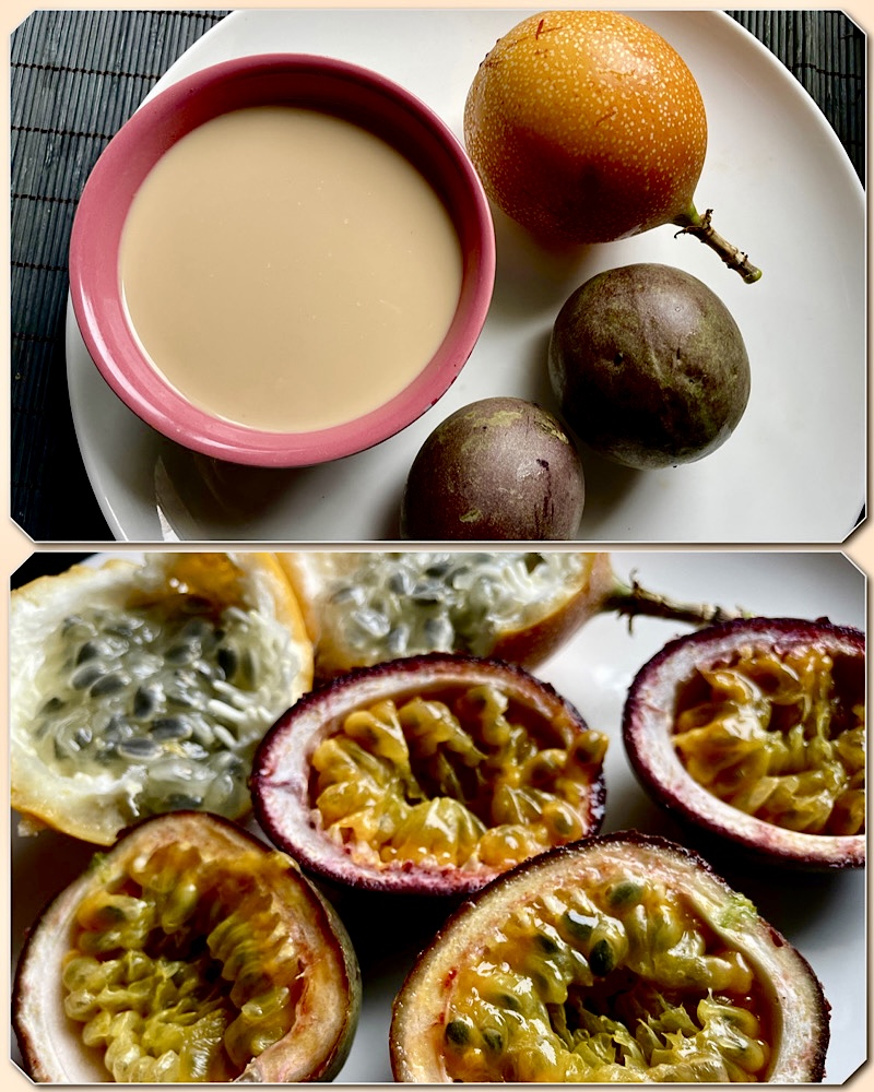 Une tasse de masala chaï, une grenadille, deux fruits de la passion