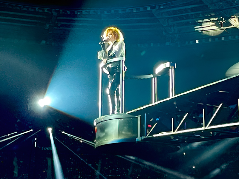 Mylène dans une nacelle au dessus de la fosse pendant le concert Nevermore