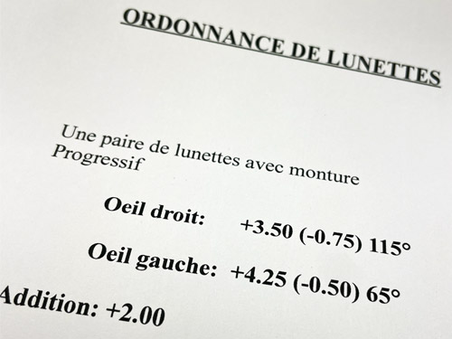 ordonnance de nouvelles lunettes avec les corrections oeil gauche +3.50 et oeil droit +4.25