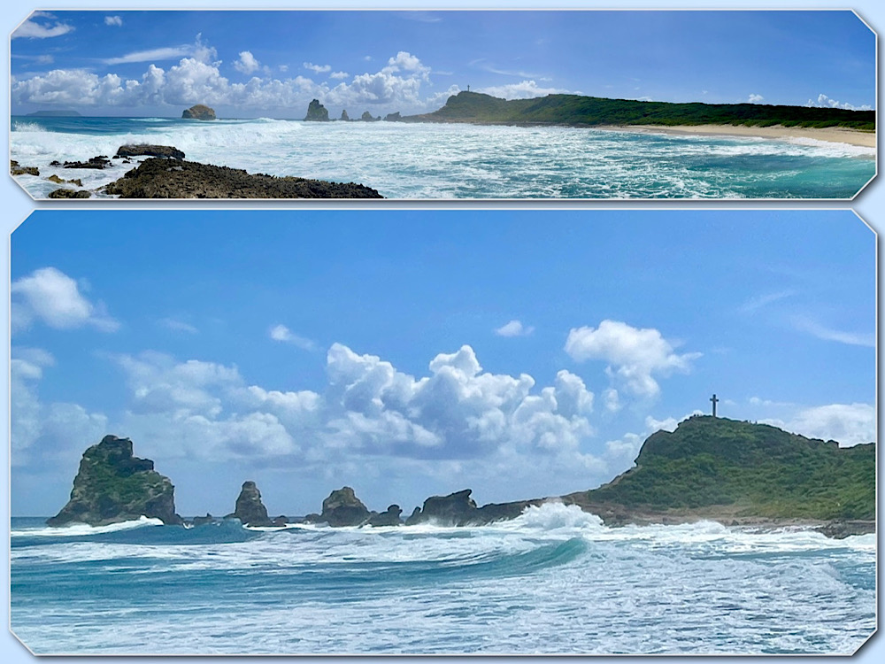 Duo de photos dont un panoramique des falaises de la pointe des châteaux, avec une grande croix au sommet