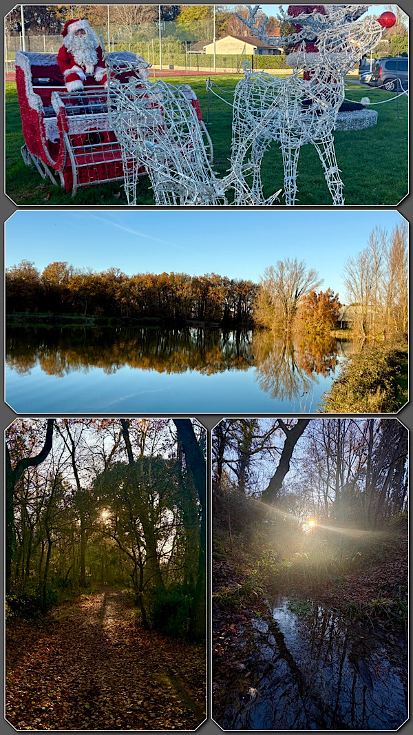 4 photos. Le père noël sur son traîneau, une photo de l’étang où les arbres se reflètent et 2 photos dans les bois