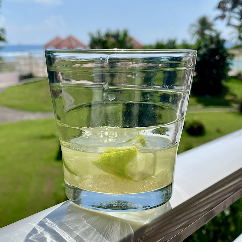 Un verre de ti’punch sur une rambarde devant un jardin et la mer au loin