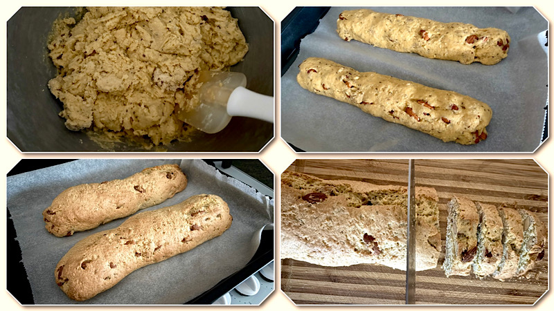 4 photos de préparation des biscuits. : la pâte, les 2 boudins avant et après cuisson, et la découpe