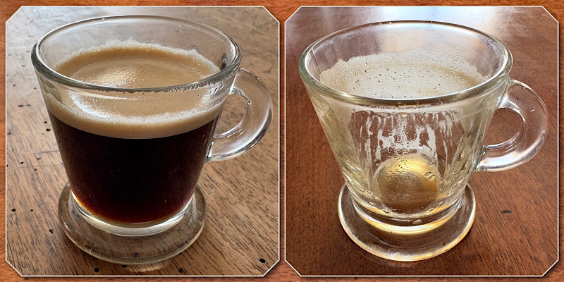 Tasse de café pleine sur table usée, même tasse vide sur table rénovée