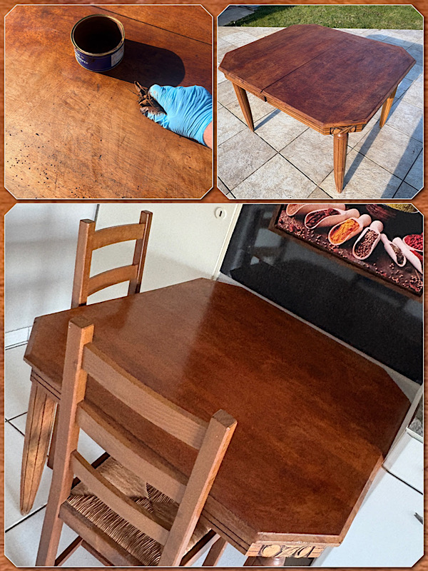 3 photos de la table après ponçage, cirage et lustrage